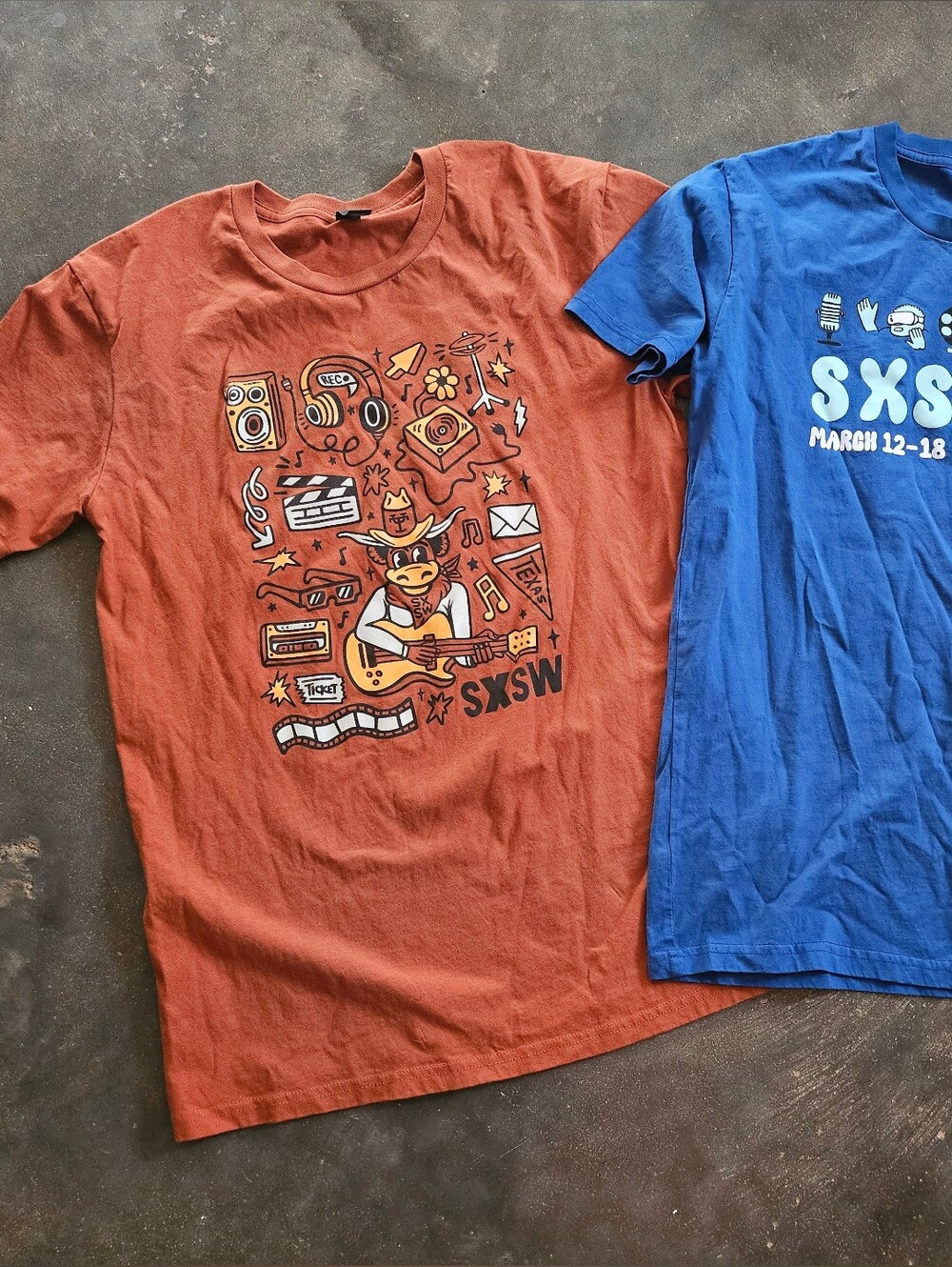 2 SXSW 2026 Music Austin TX Volunteer T Shirts UT Rust & Blue AS COLOR M